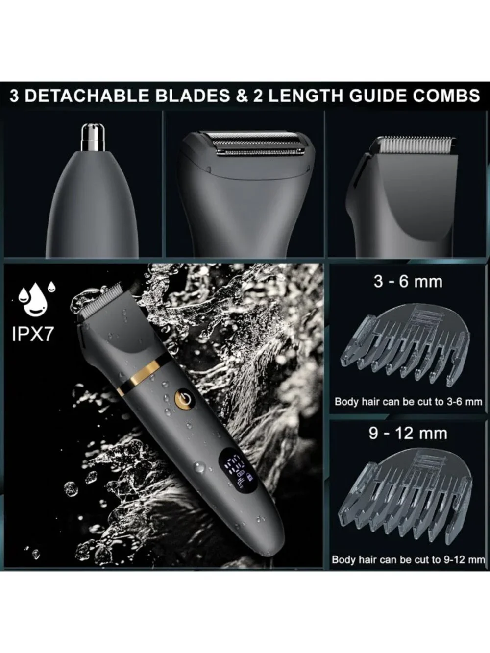 3-in-1 Body Hair Trimmer & Pubic Shaver, Waterproof Electric Razor with LED